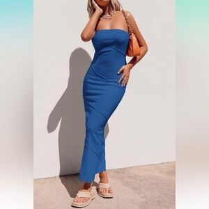 PrettyGarden Blue Strapless Bodycon Maxi Dress for Night Out or Vacation